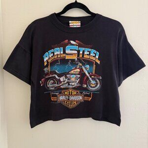 Vintage 1988 Original Harley Davidson American 'Reel Steel' Crop Oversized Tee S